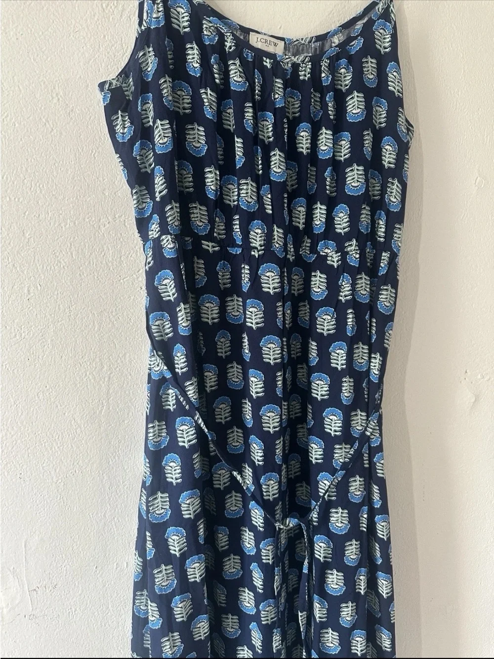 J.Crew Dress Women’s 12 Blue Leaf Print Sleeveless Tie Waist Midi Viscose